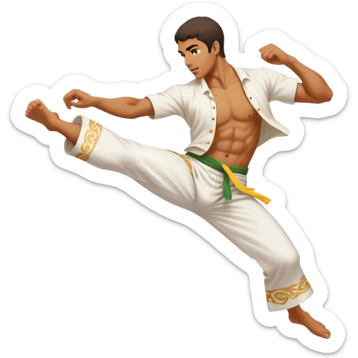 A Brazilian man as a capoeira fighter in mid-air performing a spinning kick, with Brazilian features, tan skin tone, wearing traditional white capoeira pants and a cord, vibrant and flowing pose, surrounded by motion swirls sticker
