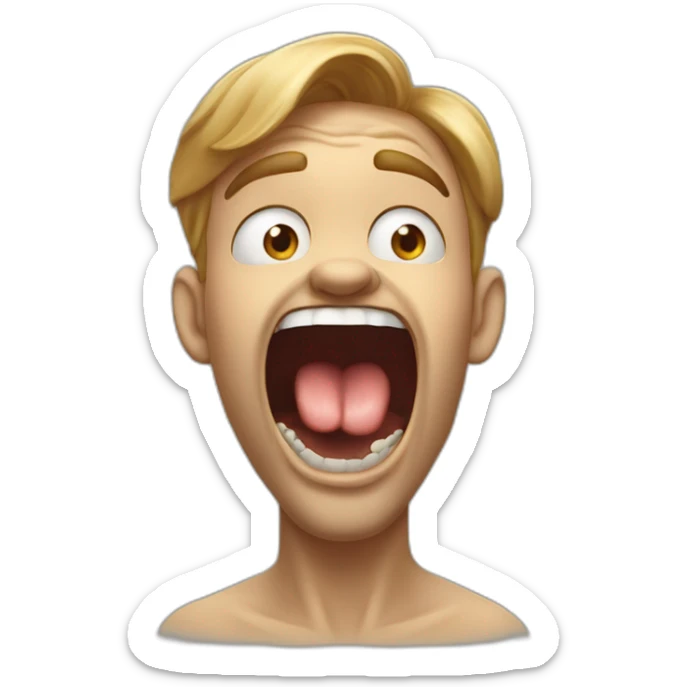 A guy with his tounge at the roof of his mouth with his mouth open, and his hand pointing at his jaw and he is mewing sticker