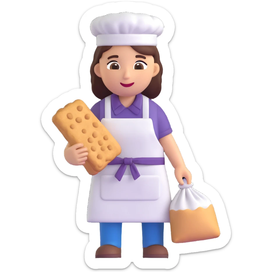 cookie factory worker emoji, with apron, carrying a bag of flour sticker