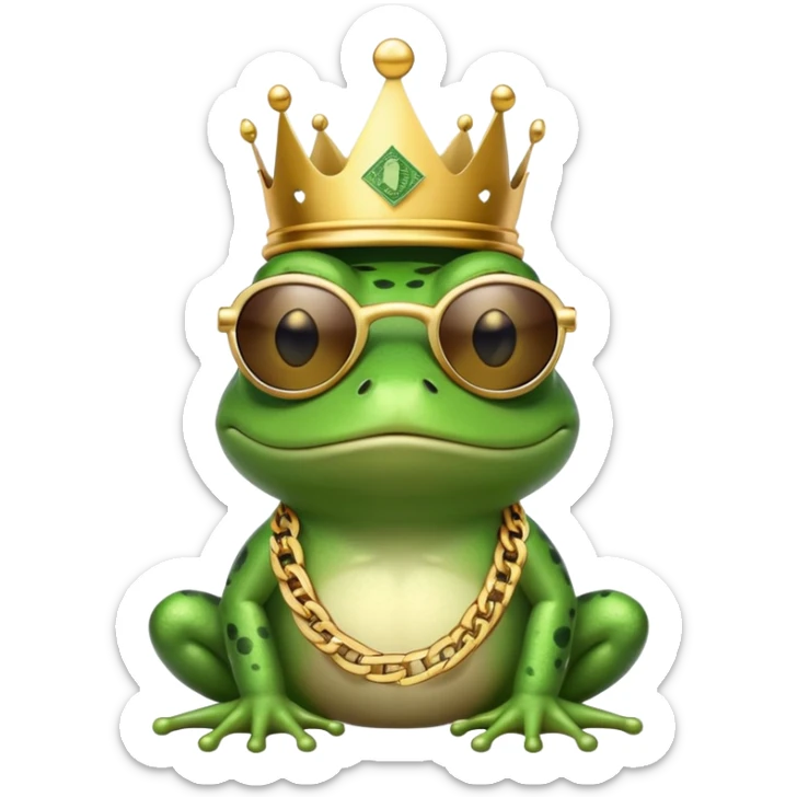 gangster frog wearing a gold crown, cool sunglasses, gold chain, dollar sign chain sticker