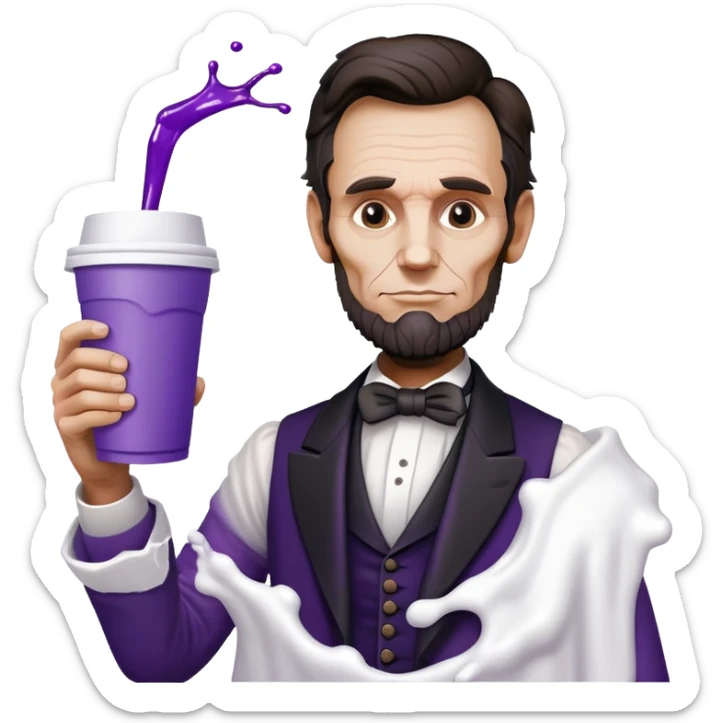 abraham lincoln with white styrofoam cup with purple liquid spilling out of it sticker