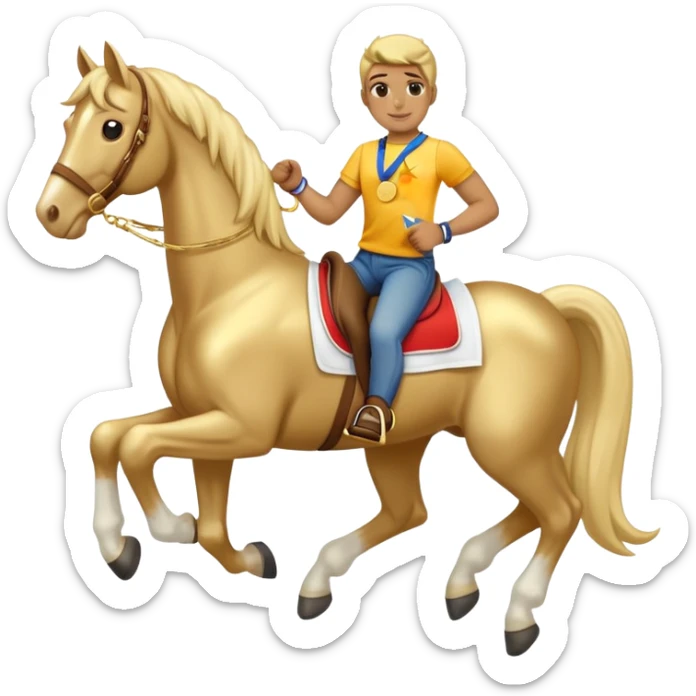 anthropomorphised horse in jeans and a t-shirt, wearing a gold medal sticker