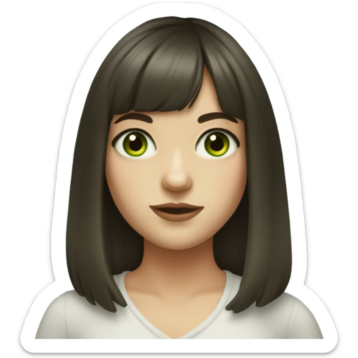 realistic portrait of girl with curtain bangs and dark brown hair with green eyes and fair skin and a round face with soft features sticker