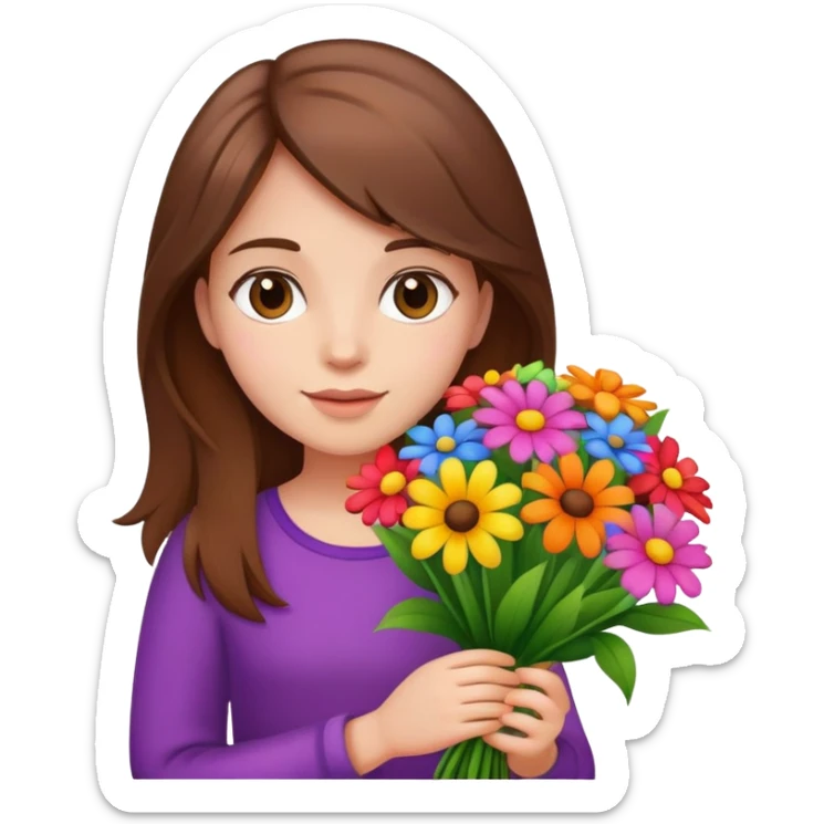 brown-haired girl holding a colorful bouquet of flowers sticker