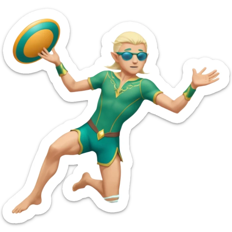 elf male legolas launching a frisbee woven from pure sunlight, wearing sporty teal swim shorts and performance sunglasses, pointy ears, dynamic motion lines, beach sky backdrop, centered emoji sticker