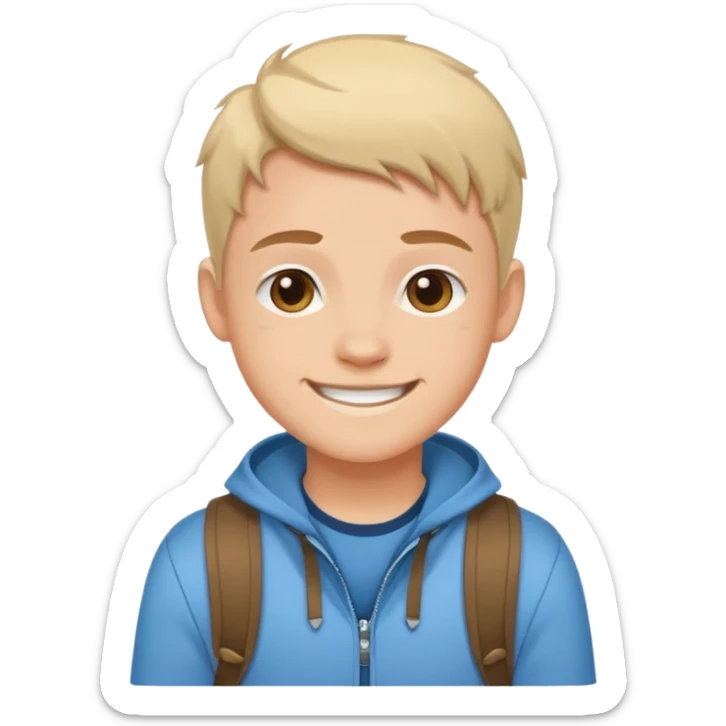 Cartoon avatar sticker of a young person, friendly smile, modern outfit, clean vector illustration, thick outline, flat colors, simple background, sticker style, high quality, transparent background sticker