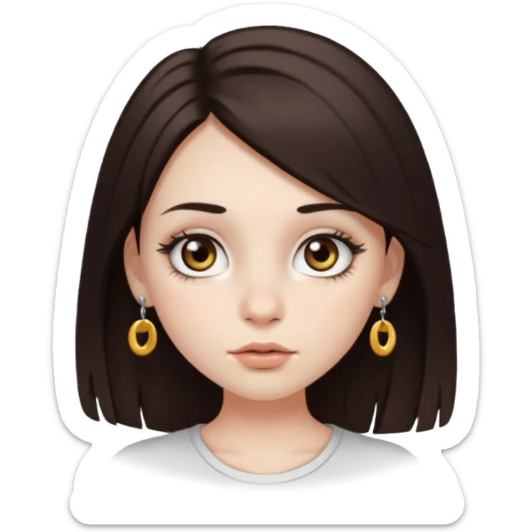 Chica con pelo medio largo y castaño oscuro, piel blanca, ojos hazel y pestañas largas, un piercing septum redondo pequeño  sticker