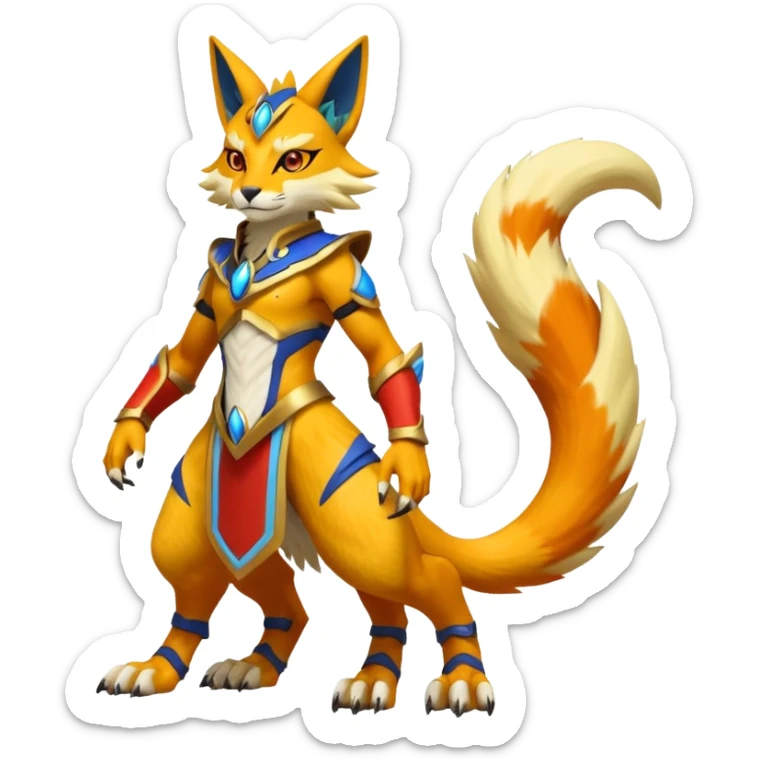 Vernid-Lombax-Koraidon-Renamon-Zeraora-Bastet-Fakémon-hybrid-fusion-creature, full body sticker
