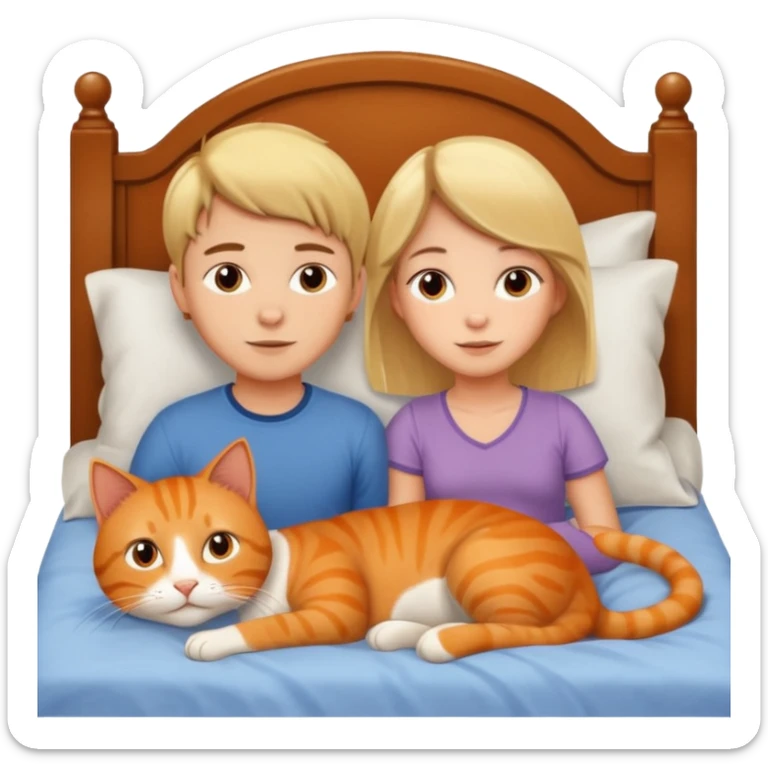 Boy with blonde girl with brown hair in a bed with an orange cat sticker
