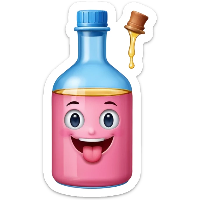 Smiling bottle of oil pink with silly face tongue out blue top sticker