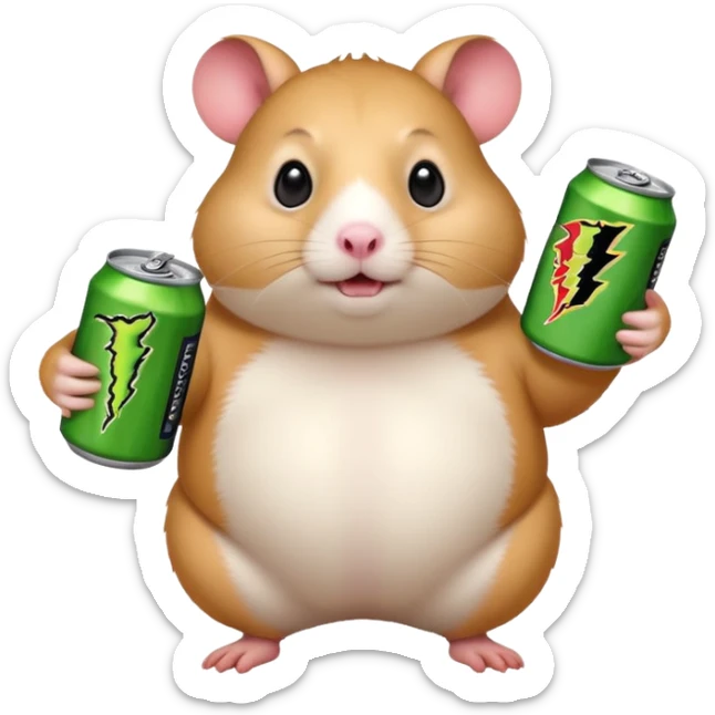 Funny cartoon-style fat hamster wide eyed holding a can of monster energy in one hand and redbull in the other hand sticker