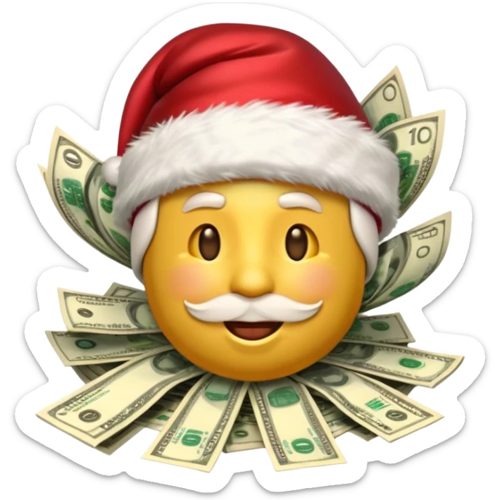 A rich happy emoji face in Santa hat, covered in money, cash stacks and flying dollar bills, Christmas mood, New Year festive style, glossy 3D emoji, vibrant colors, high detail, no text, isolated, transparent background sticker