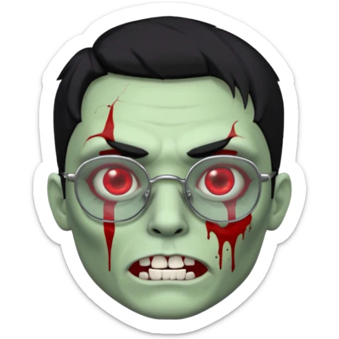 homem zumbi de óculos cabelo preto com muita olheira deixar pele dele verde dentes brancos e olhos vermelhos e ensanguentados deixar óculos quadrado e preto e olhos cheio de veias vermelhas piercing em todo rosto piercing prata colocar risco nas duas sobrancelhas e colocar lábios em sua boca sticker