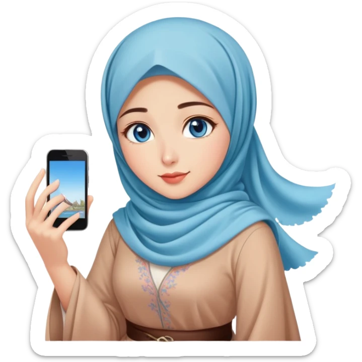 Turkish beautiful finish Konya girls blue eyes with lovely cherry blossom hijab long tail dress and she takes photo from sky sticker