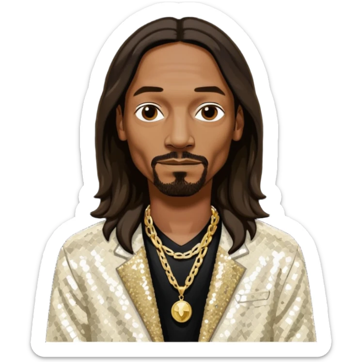 Snoop Dogg with long dark brown hair, ivory sequin jacket, black shirt with necklace sticker