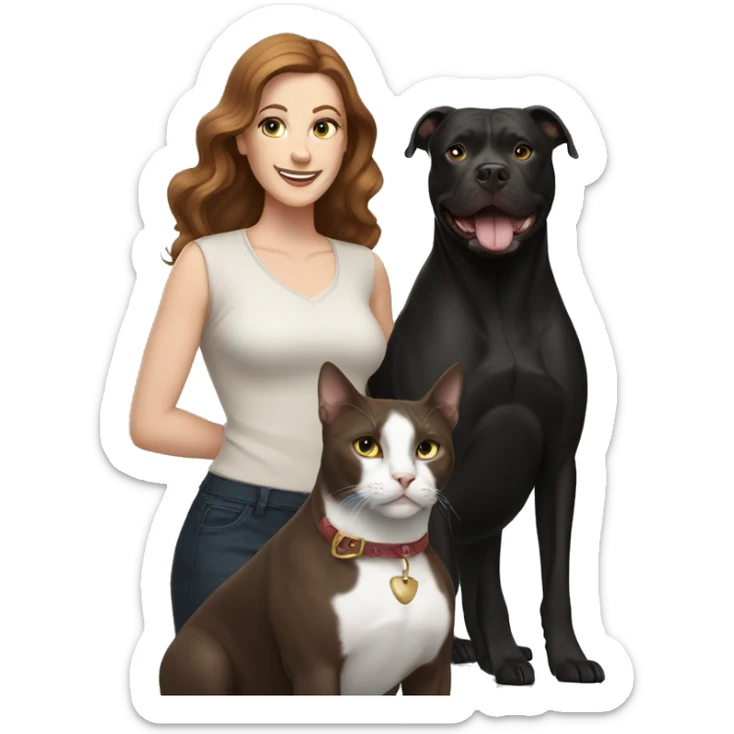 white woman with long brown hair and cat shaped eyes standing alongside a happy black pitbull  sticker