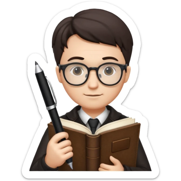 writer holding big pen in hand and book in other hand, wearing glasses sticker
