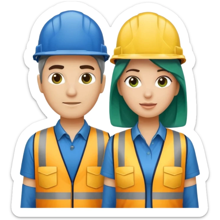 Um homem e uma mulher amarelos com capacete de obras ambos azul escuro e camisa social cinza com faixas refletivas verdes nos braços. Um deles deve estar segurando um megafone sticker