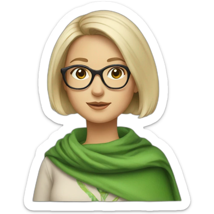 white-woman-with-gray-and-blonde-short-bob-green-eyes-and-brown-glasses-wearing-colorful-shawl sticker