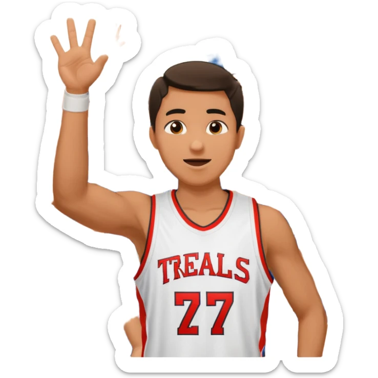 Maverick Trevillian in the crowd at an amateur basketball game. He leans towards the camera and enthusiastically shouts "six seven while performing a distinctive hand gesture: both hands open, palms facing upward, moving up and down as if weighing two options. sticker