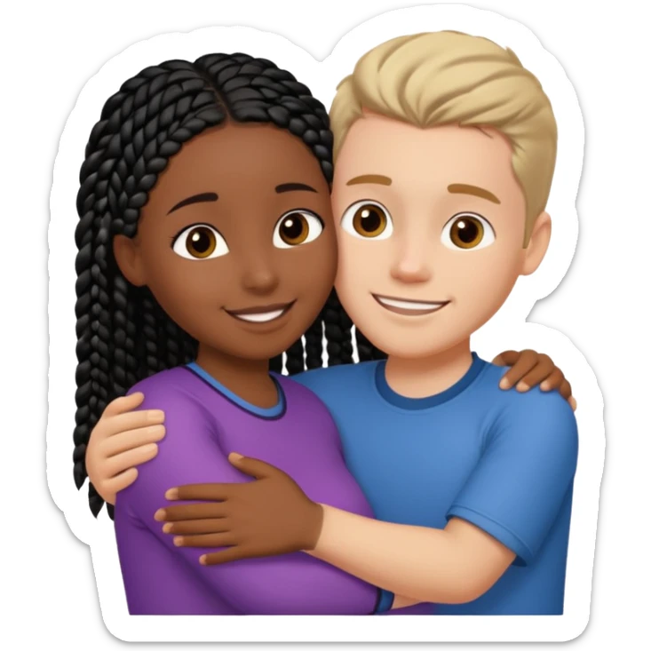 Dark black girl with black braids and tan white boy with curvy straight brown hair, they are hugging and smiling, and touching each other with their hands sticker