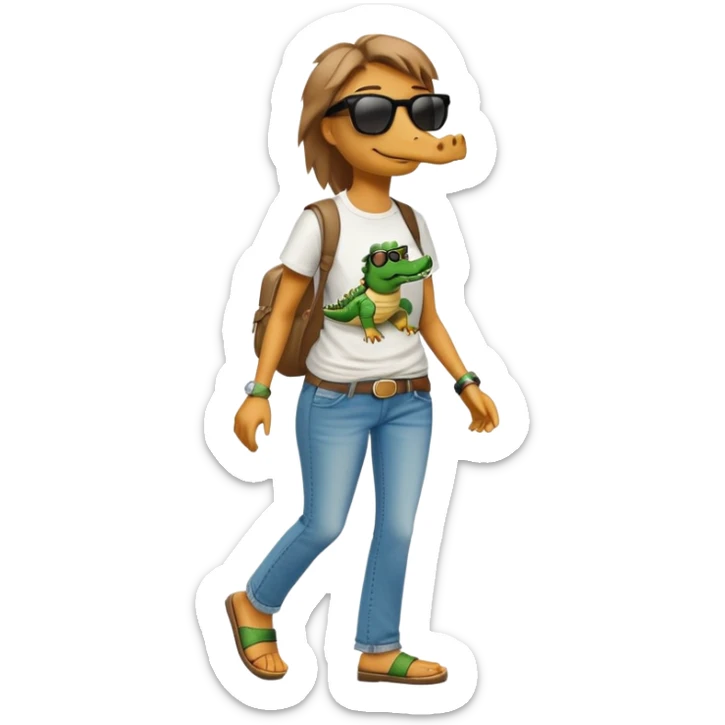 anthropomorphised female crocodile in a band t-shirt and jeans wearing sunglasses walking upright sticker