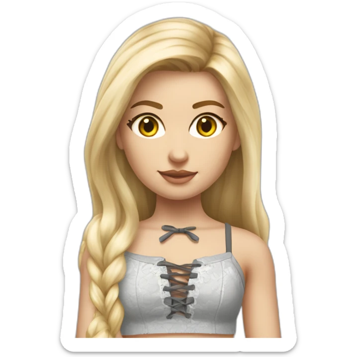 hyperrealistic caucasian female, long straight blonde hair, white lace up crop top, grey mini skirt, body view sticker