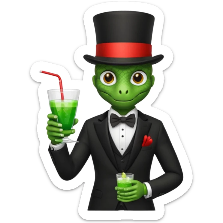 snake wearing suit, bowtie and top hat, holding a glass of green drink sticker