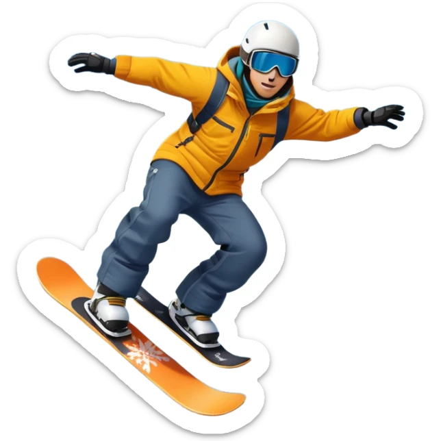 An icon showing a snowboarder performing an exciting jump on a snow-covered slope. The background features towering mountains, snow-covered trees, and a bright, clear sky. Transparent background highlights the speed, agility, and thrill of snowboarding. sticker