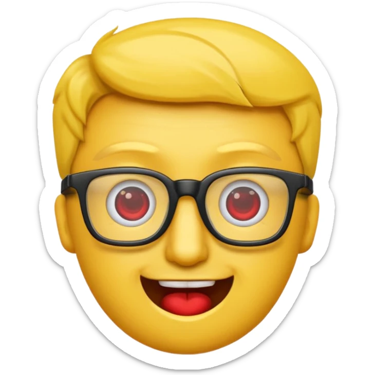 Créer un emoji nerd le perso doit être une tête basique d'emoji jaune avec une grosse paire de lunettes rectangulaires noires 3 boutons sur chaque joue et une dent qui dépasse  sticker