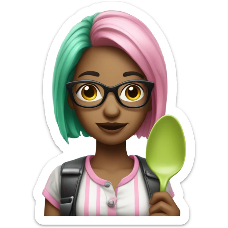 Realistic woman with green and pink hair and glasses holding a spoon sticker