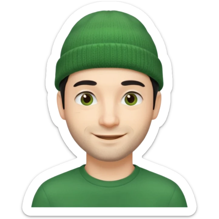 smiling French man, 30 years old, short black hair, green beanie, stubble sticker
