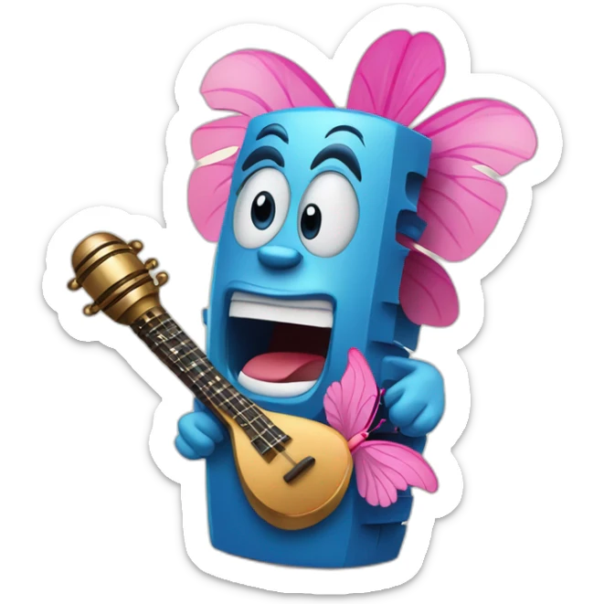 Cartoon Blue and pink tiki singing with butterfly and in the mikrophone sticker