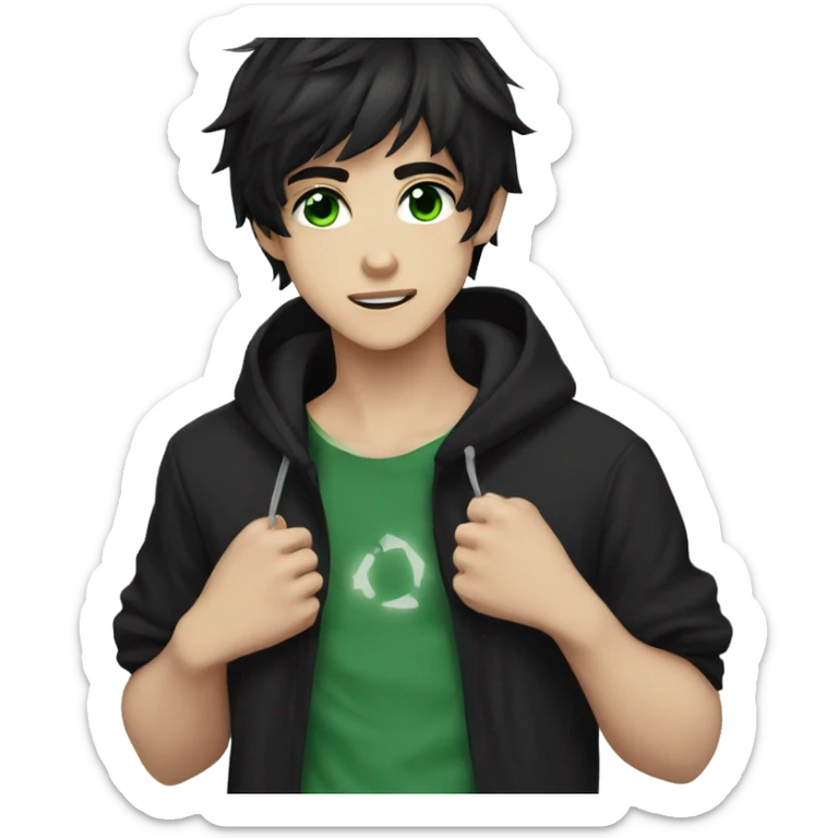 anime boy dark hair dark green eyes in black hoodie  sticker