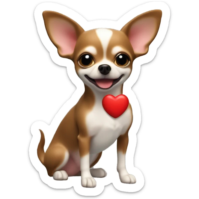 Perro Chihuahua sostiene corazón rojo grande, fondo blanco, claymation sticker