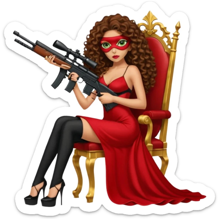 Drug dealer female green eyes symbol.  hair is brown curly long hair. sexy long with long red and black dress and face cover on that covers her mouth only. black stiletto platform high heels shoes on. Holding sniper rifle sitting on a gold throne. sticker