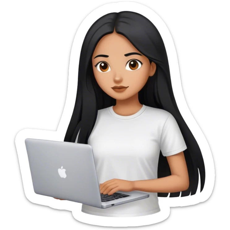 beautiful girl, with long straight black hair, mexican, brown skin, with laptop, with white tee, she stand up sticker