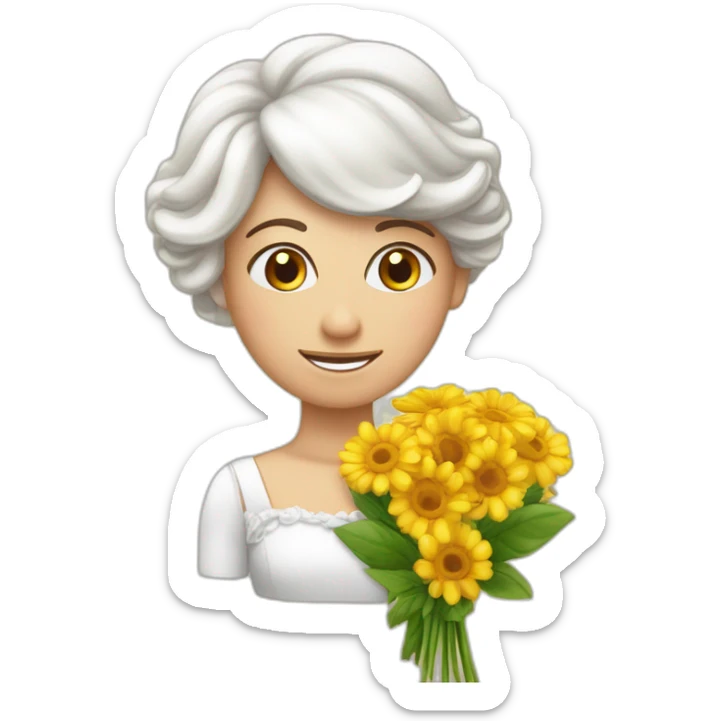 crée un emoji avec une tete de personnage avec des yeux festif tenant un énorme bouquet de fleur de mariage sticker