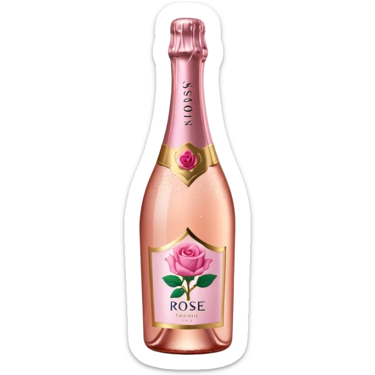 bottle of sparkling rosé with a rose logo on the label, tilted up and to the left, no glass sticker