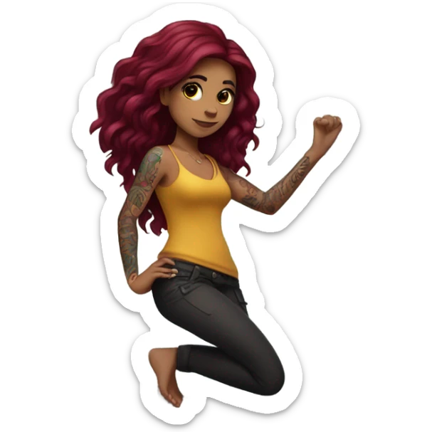 Beautiful tattooed woman long burgundy hair climbing rocks sticker