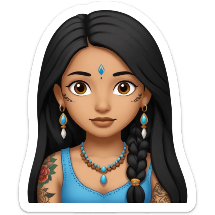 an ios genmoji for a pretty  indian girl with black long hair  tattooed, beautiful girl sticker