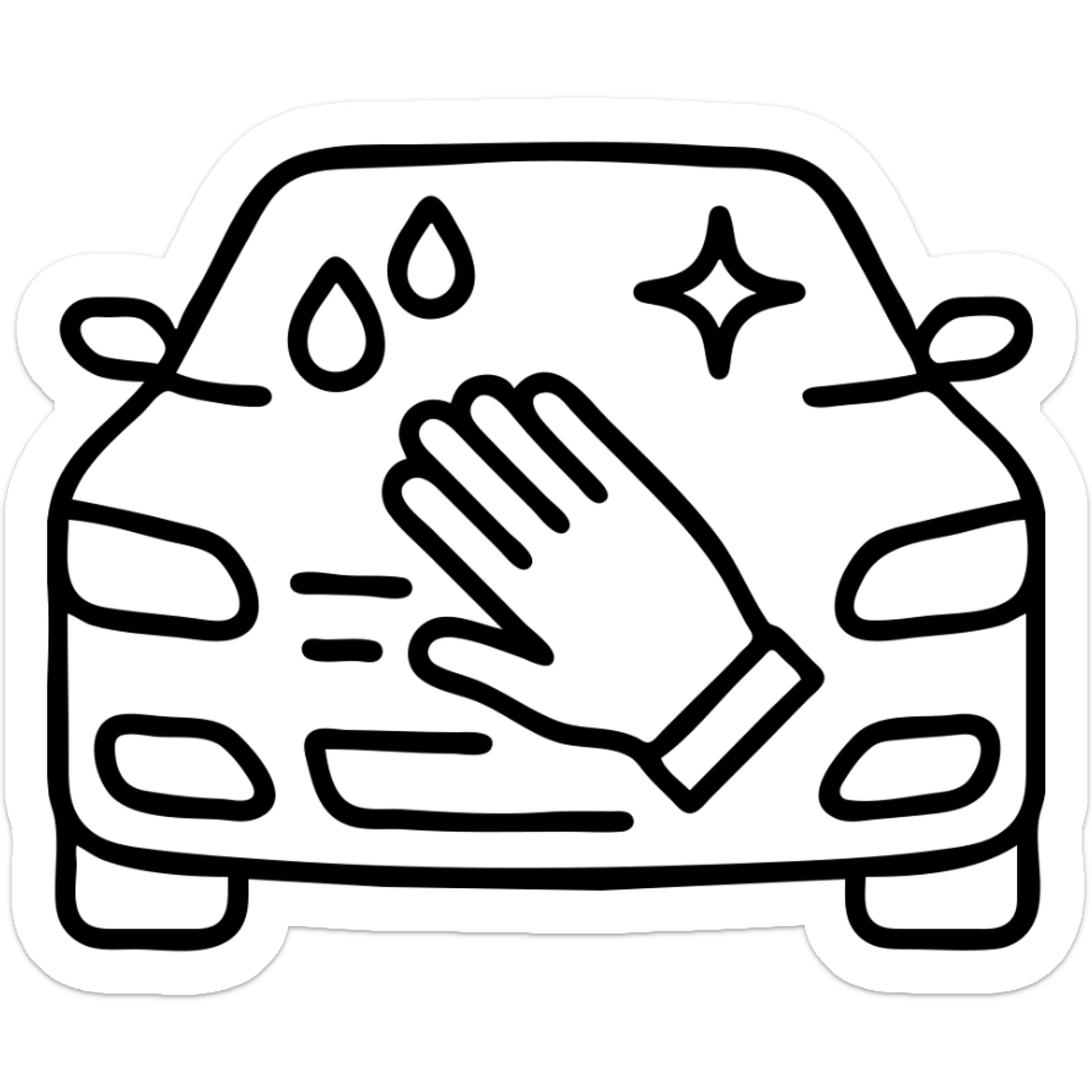 outlined icon of a premium car hood with an elegant hand wearing a white glove, water drops and shine, black and silver, smooth motion lines, modern and clean sticker