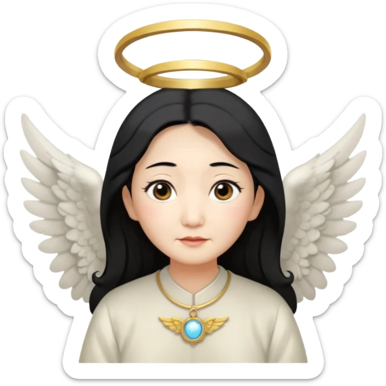 Angel Old Lady with wings black hair asian  smaller eyes w halo sticker