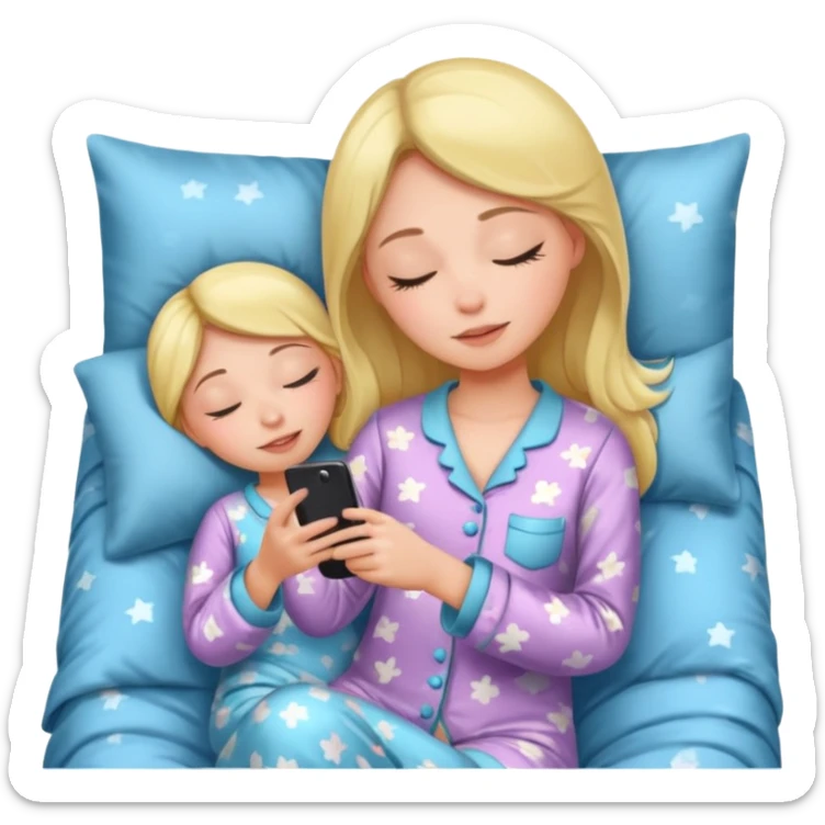 A girl sleeping and texting another girl and it slits both and they say good night bestie sticker