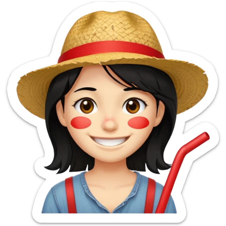 Un personnage avec la peau beige une cicatrice sous l'oeil des cheveux noirs en bataille et un chapeau de paille avec une bande rouge il arbore un grand sourire sticker
