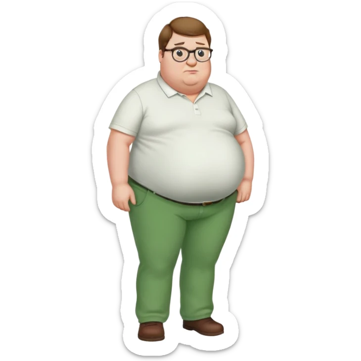 Peter Griffin from Family Guy with a pregnant belly, green pants, white shirt, glasses, and double chin sticker