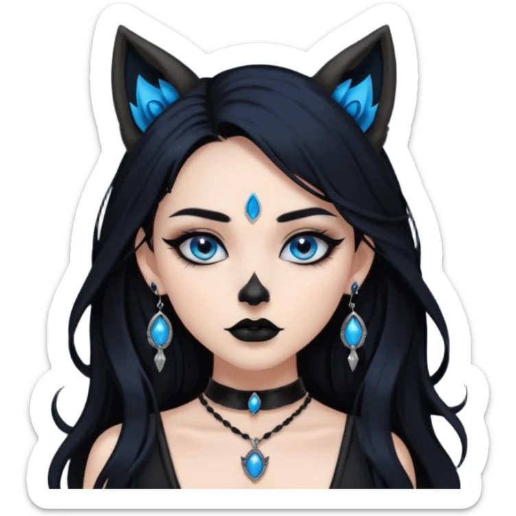 A girl with long black hair and blue eyes, black eyeshadow, black eye liner, mascara, and black lipstick, and black skull earrings. Also a black sexy dress and wolf ears  and a black pendent   sticker