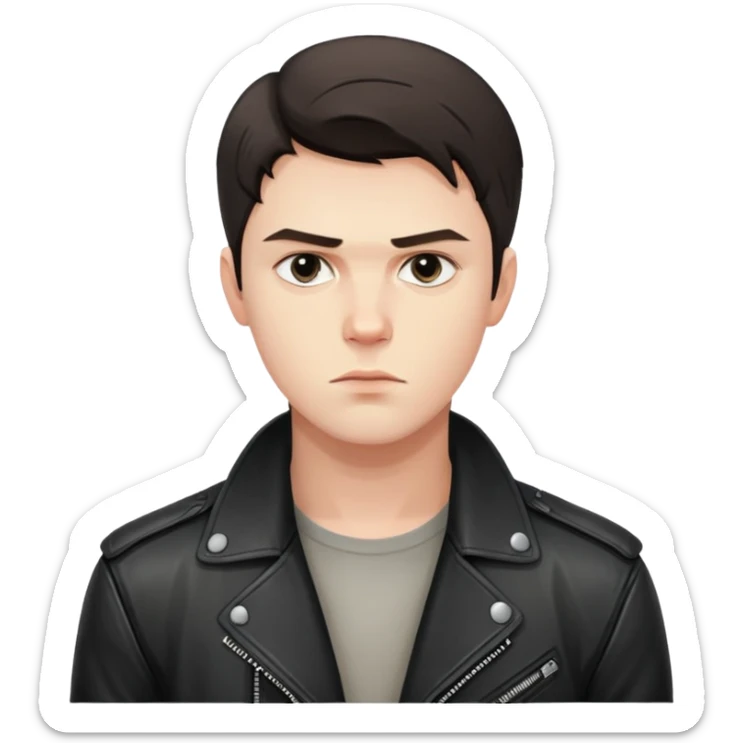Danila Bagrov from Brother 2 movie, young Russian man with short dark hair, serious expression, wearing black leather jacket sticker