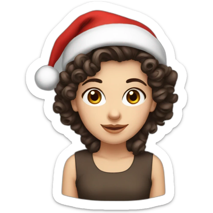 white-girl- short curly dark brown hair- dark brown-eyes-wearing-santa-hat sticker