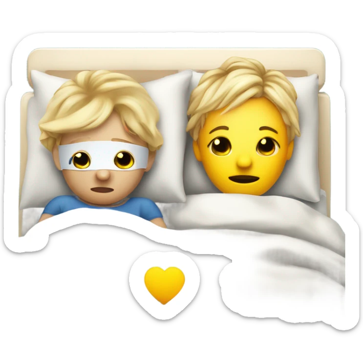 Two blonde children, sick, each in their own bed, wearing masks, one Boy, one girl,, at home, get well soon sign with yellow heart sticker